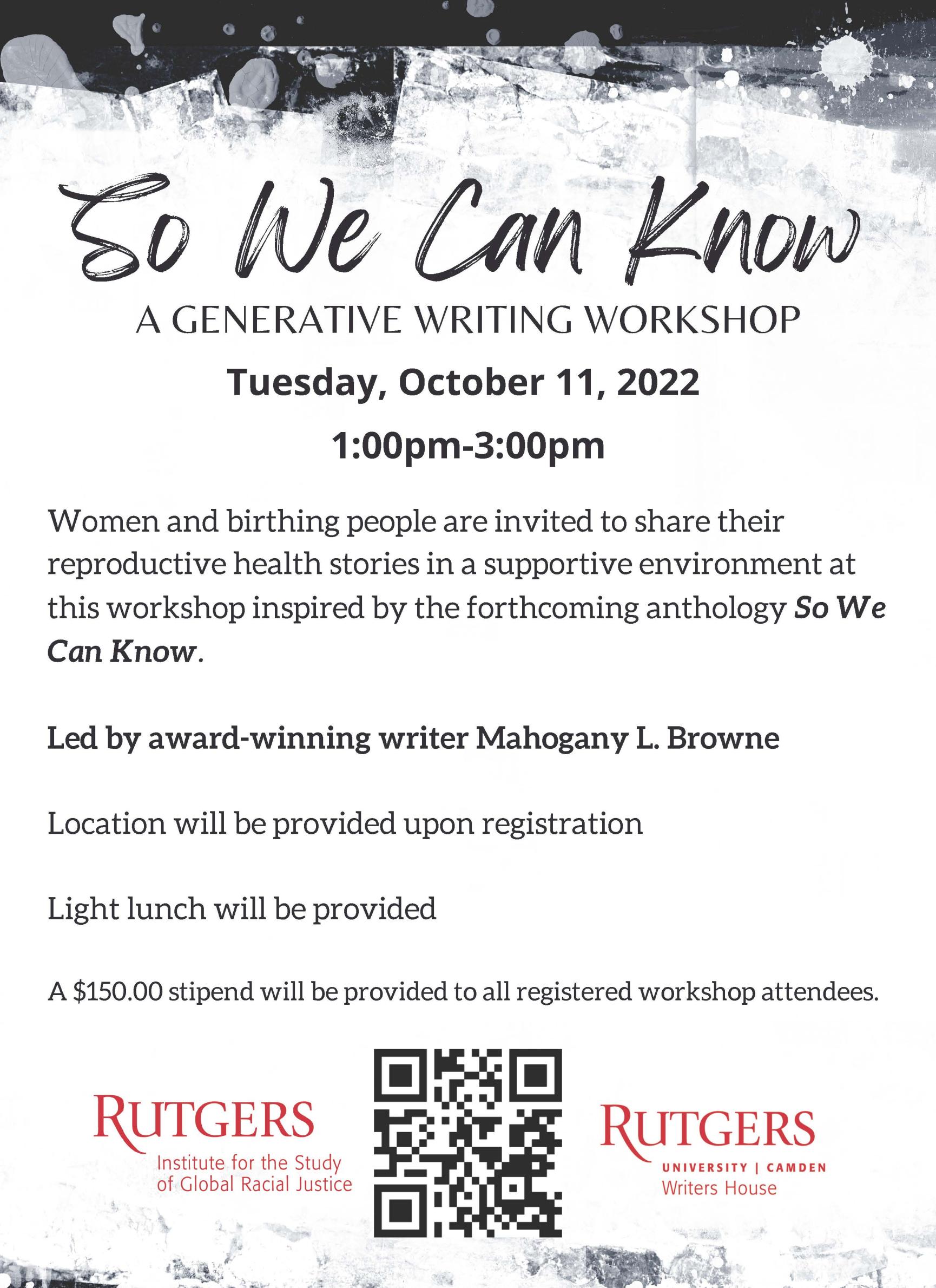 So We Can Know: A Generative Writing Workshop Flyer