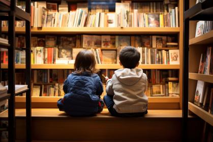 Children Sitting in a Library